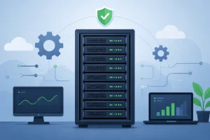 Zabbix 服务器监控部署封面图，展示带绿色状态灯的服务器机架与防护盾牌图标