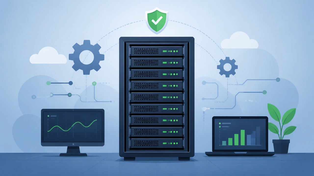 Zabbix 服务器监控部署封面图，展示带绿色状态灯的服务器机架与防护盾牌图标