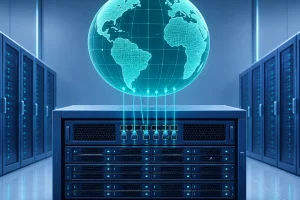 云服务器 IPv6 双栈接入验证封面：服务器机架与全球网络连接示意