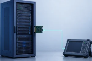 独立服务器 IPMI 远程管理卡运维封面图：蓝色服务器机柜与远端控制台