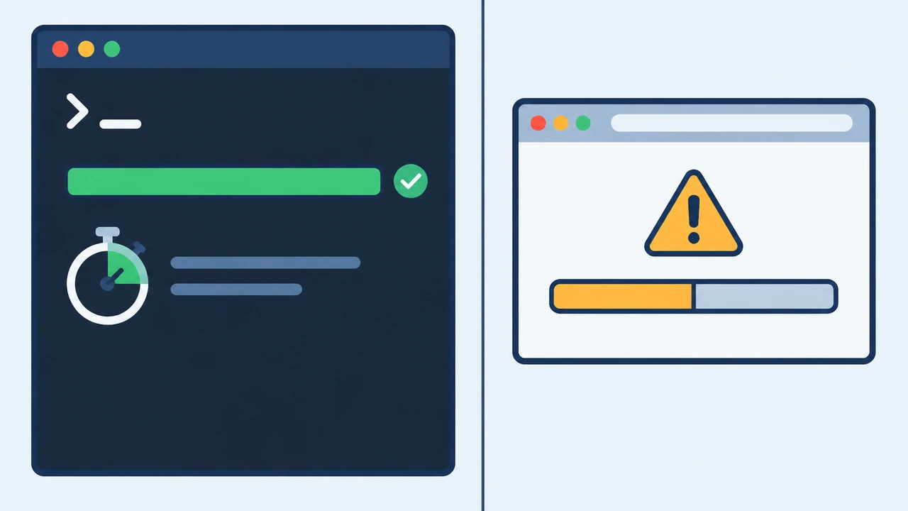 命令行导入与 phpMyAdmin 网页导入对比：终端完成进度条与网页超时警告